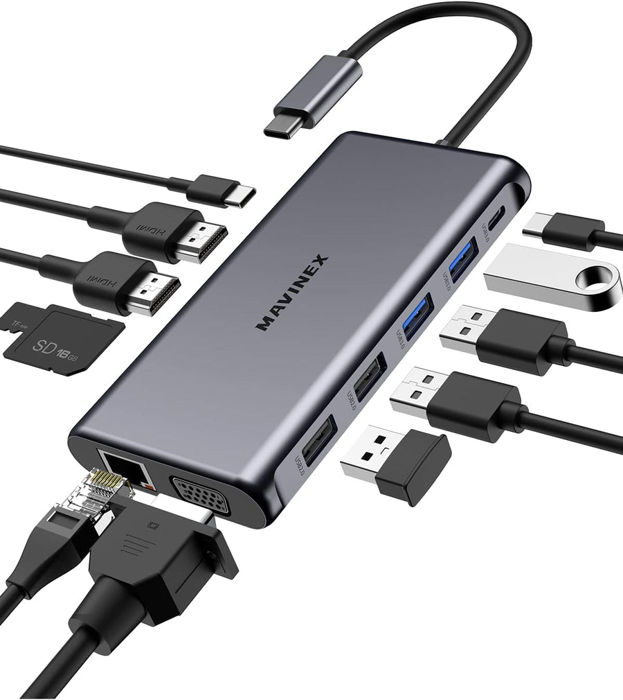 Hub USB C 12 en 1, MAVINEX Adaptateur USB C Multiport à Triple Affichage avec PD 100W, Double HDMI 4K et VGA 1080P, Ethernet RJ45, USB-C et 4 Ports de données USB-A, Lecture Carte SD/TF
