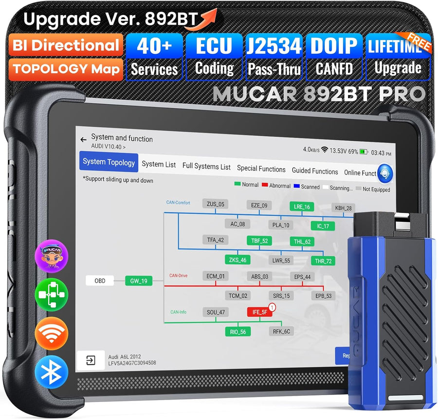 Scanner cartographie topologique, outil diagnostic IA 892BT PRO, 3 000 tests 40 services, codage ECU, authentification automatique FCA SGW, CANFD/DOIP, mises à jour gratuites à vie