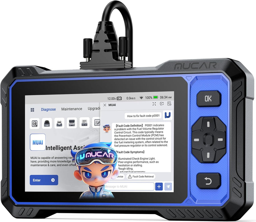 Scanner bidirectionnel MUCAR 632 assisté IA OBD2, 15 réinitialisations ABS/SRS/INJEC/Huile/SAS/TPMS, Diagnostic 4 systèmes, Tests Actifs, AutoAuth, Can FD, AutoVIN, mises à Jour gratuites à Vie