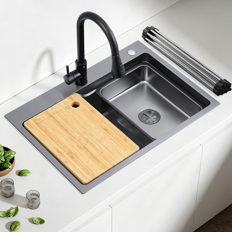 Évier Multifonction Inox Évier 1 Bac Grand Evier de Cuisine 68×48 cm Lavabo Cuisine avec Robinet Coulissant Résistant aux Rayures Vidange Rapide Avec Accessoires et Kit de tri des Déchets