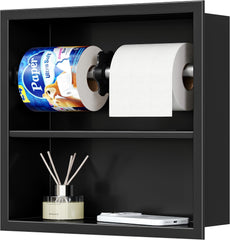 Niche Porte-papier WC Encastré avec Tablette, Noir Porte essuie-tout, Inox 304, Antirouille, Double Niveau, Gain de place, Rangement SDB