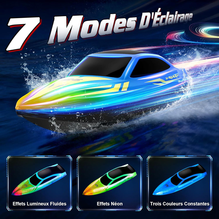 Bateau Télécommandé, 15km/h Bateau RC avec 7 Modes Lumières LED, 2.4GHZ Bateau Telecommandé Enfant pour Piscine et Lacs, Speedboat De Course RC autonomie 120 Minutes