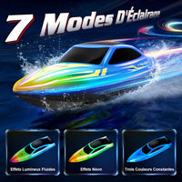 Bateau Télécommandé, 15km/h Bateau RC avec 7 Modes Lumières LED, 2.4GHZ Bateau Telecommandé Enfant pour Piscine et Lacs, Speedboat De Course RC autonomie 120 Minutes