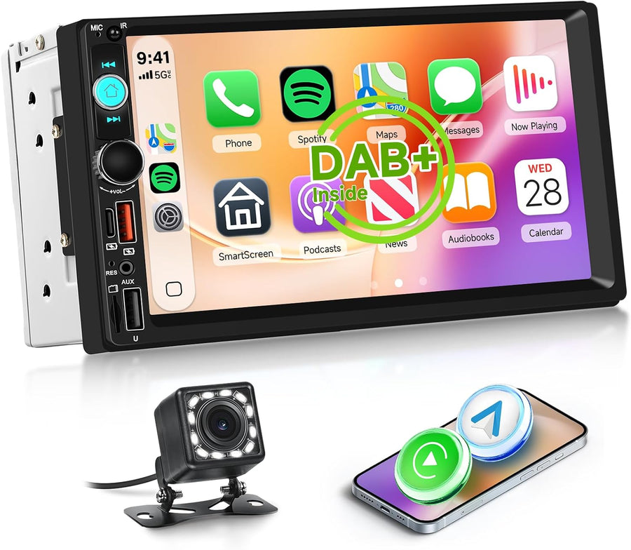 Autoradio Dab+/Dab 2 din Carplay sans Fil Android Auto avec Écran de 7 Pouces, Poste Radio Voiture Bluetooth Ecran Tactile avec Sortie Vidéo/RDS/FM/USB/AUX/TF+Caméra de Recul