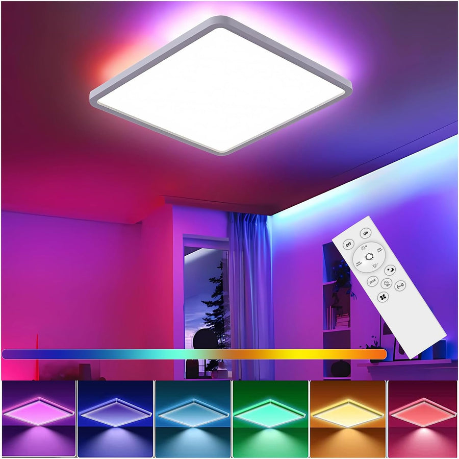 Plafonnier LED, intensité variable avec télécommande, 24 W, RGB, 4 000 K, design carré moderne pour salon, chambre, chambre d'enfant, salle de bain, 29 x 2,5 cm