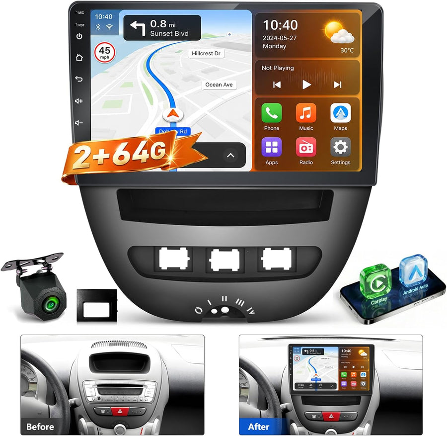 Autoradio pour Toyota Aygo/Peugeot 107/Citroen C1 Année 2005-2014, 2GB+64GB 10,1 Pouces Écran avec Kit Façade & Canbus, Supporte CarPlay Android Auto sans Fil, Caméra de Recul, SWC