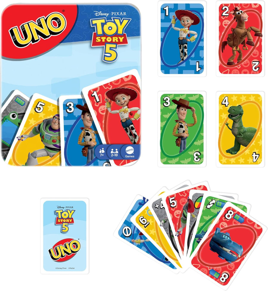 Mattel Games UNO Toy Story 5 de Disney · Pixar avec cartes inspirées des films pour les soirées jeu en famille, les fêtes entre amis, les voyages, Boîte de rangement, 2-10 joueurs 7+