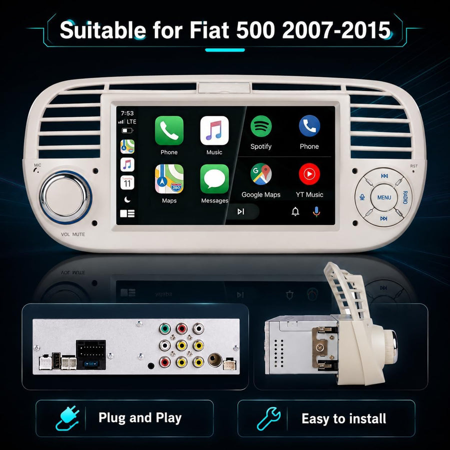 Autoradio pour Fiat 500 2013-2020,Linux,démarrage 2s,Écran Fiat 500 Compatible avec Le contrôle au Volant,CarPlay/Android Auto sans Fil,Radio RDS,DSP,4x45W,Bluetooth,Canbus,USB,1-DIN,Plug&Play-Beige