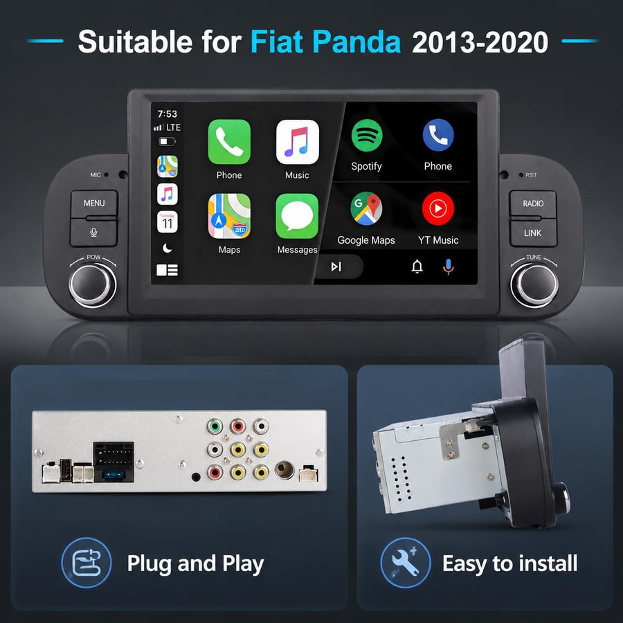 Fiat Panda 2013-2020 Autoradio 1 DIN CarPlay sans Fil Android Auto DSP RDS | Système Linux,démarrage rapide 2s,Plug&Play,Bluetooth,CANBUS,commandes volant,écran tactile IPS
