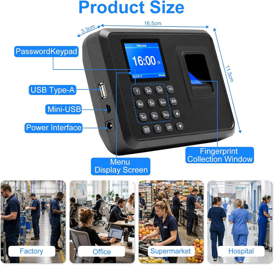 Pointeuse Horaire Personnel pour Petites Entreprises avec Clé USB Pointeuse Biométrique à Empreinte Digitale et Mot de Passe Jusquà 1000 Utilisateurs et 12 Langues, Sans WiFi, 0 Frais Mensuel