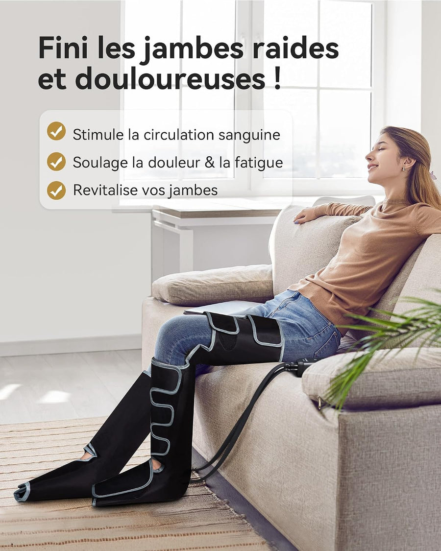 Masseur de jambes pour pieds, mollets, cuisses et chaleur 3 modes et 3 intensités pour soulager les tensions au quotidien et détendre les muscles des jambes