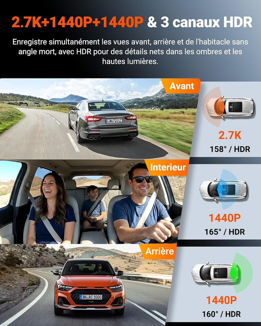 VANTRUE N4S Dashcam Voiture 3 Canaux 2.7K+2.5K+2.5K Avant Intérieur Arrière STARVIS 2, HDR, Vision Nocturne IR, WiFi 5GHz, GPS, Commande Vocale Français, Pré-enregistrement 15s, Compatible 1To, N4SRC18