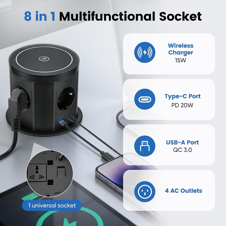Bloc Prise Encastrable Automatique, Prise Encastrable Plan de Travail avec Chargeur Sans Fil 15 W, D 117 mm, Prise de Table Escamotable 3 Prises avec 1 USB C 1 USB A - Prise de Table Rétractable