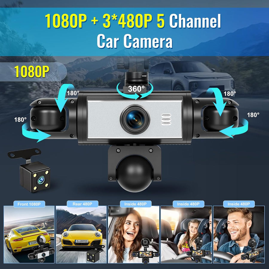 Caméra embarquée 5 canaux 1080P Avant arrière intérieur, écran IPS 3,16" | Dashcam Voiture 360 Degrés, surveillance de stationnement 24 heures, capteur G, enregistrement en boucle, installation facile
