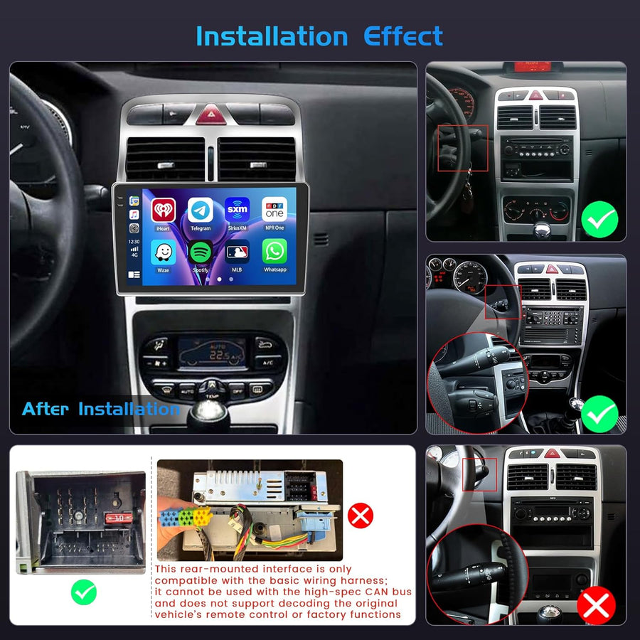 Autoradio 4+128G Android 15 pour Peugeot 307 307CC 307SW 2002-2013, 9'' In-Cell Bildschirm avec sans Fil Carplay et Android Auto Lien Miroir Radio FM/RDS GPS WiFi Bluetooth SWC Caméra de Recul