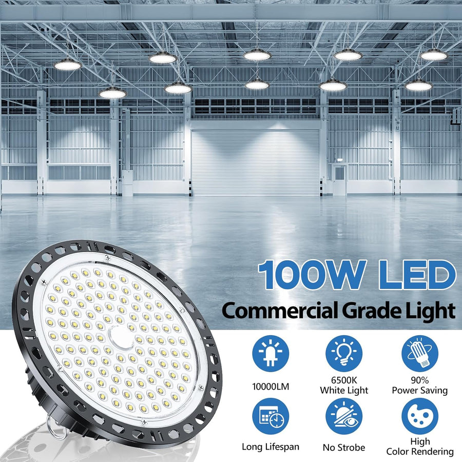Projecteur LED Industriel - 2 Pack 100W 10000LM High Bay Eclairage Atelier avec Transformateur, IP65 Étanche Plafonnier LED, 6500k Blanc Froid Lampe Atelier pour Garage