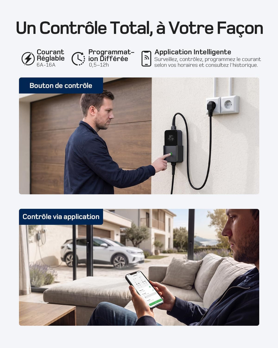 Chargeur Voiture 3.7kW Electrique avec App, 6m Recharge Type 2 6-16A | Chargeur EV Réglable avec Programmation App & écran LCD, Câble 7,5m au total, Compatible Véhicules Type 2 EV&PHEV