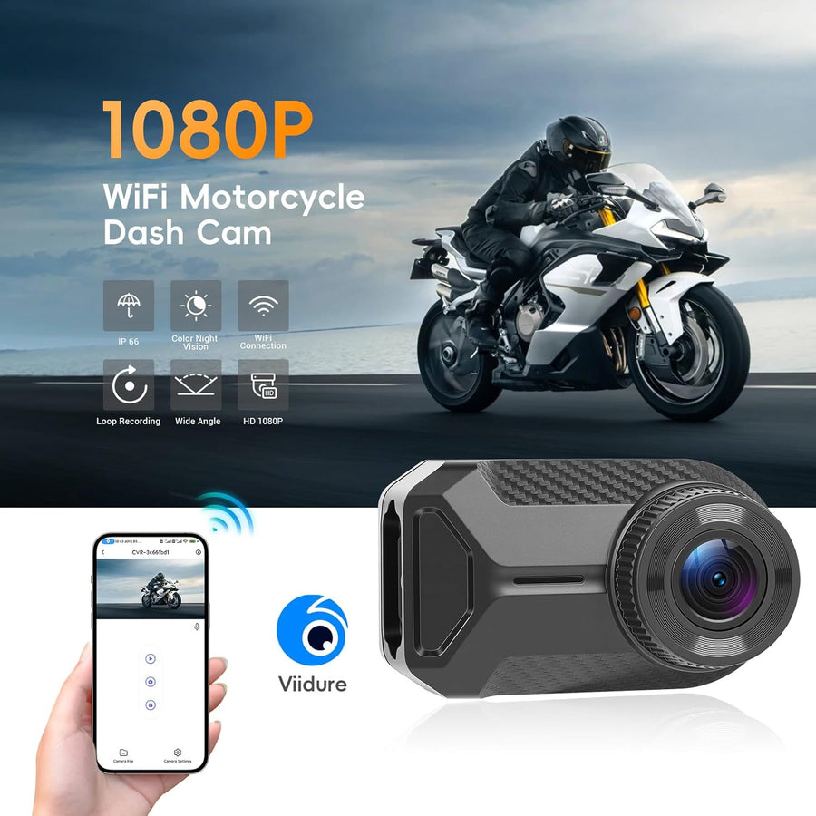 Mini Dashcam pour Moto, 1080P Caméra IP66 Avant étanche sans écran, Grand Angle 110°, Vision Nocturne, Application WiFi, Enregistrement en Boucle