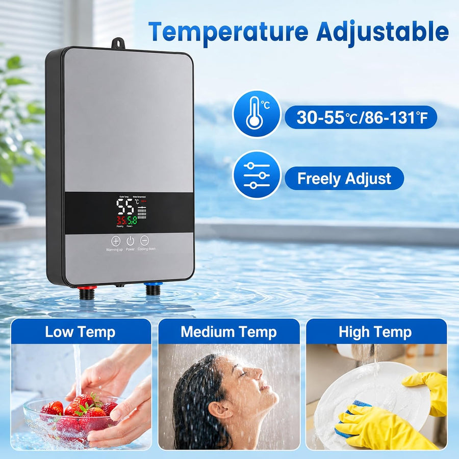 Mini chauffe-eau instantané 6000 W 230 V sous table, contrôle électronique de la température 30-55 °C, écran tactile LED, 8 protections de sécurité, compact pour cuisine, douche, salle de bain