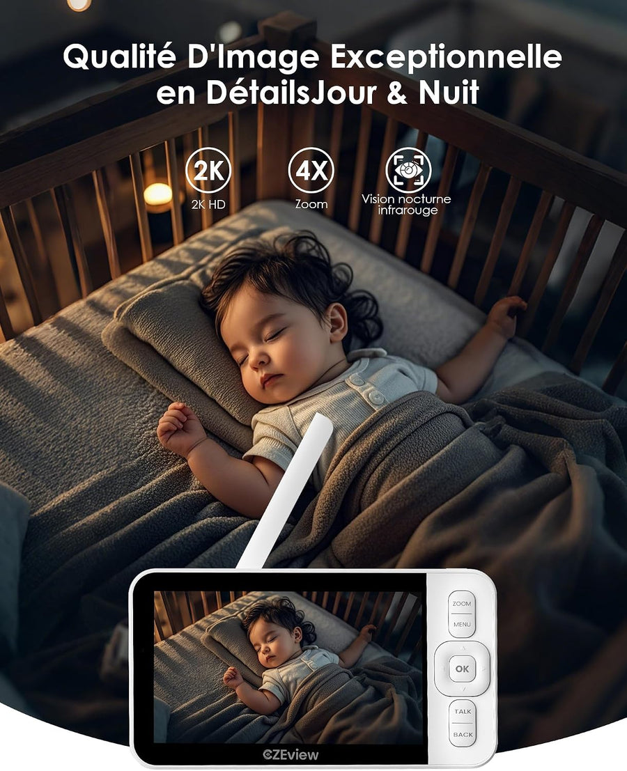 Babyphone avec caméra et application, moniteur vidéo de 5,0 pouces sans Wi-Fi, vision nocturne, audio bidirectionnel, VOX