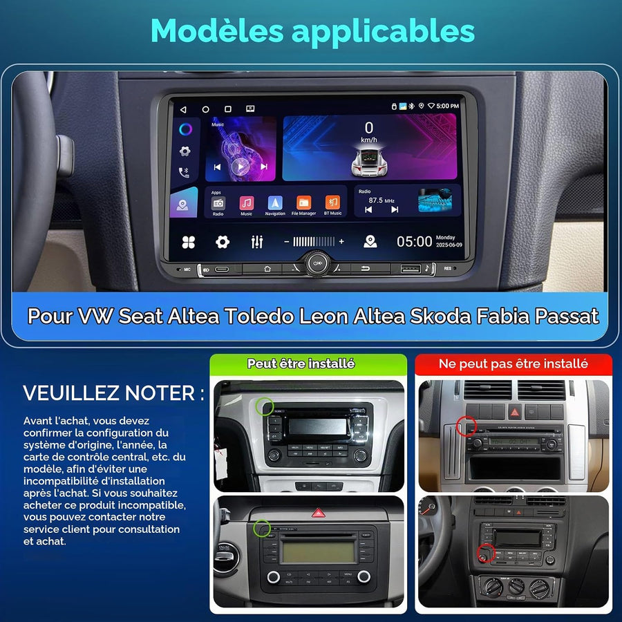 Autoradio Android 4G+64GB pour VW Seat Altea Toledo Leon Skoda Fabia Passat Radio CarPlay Android Auto sans Fil, 9 Pouces Écran Tactile Radio 2 DIN GPS, WiFi, DSP FM/RDS Bluetooth+ Caméra