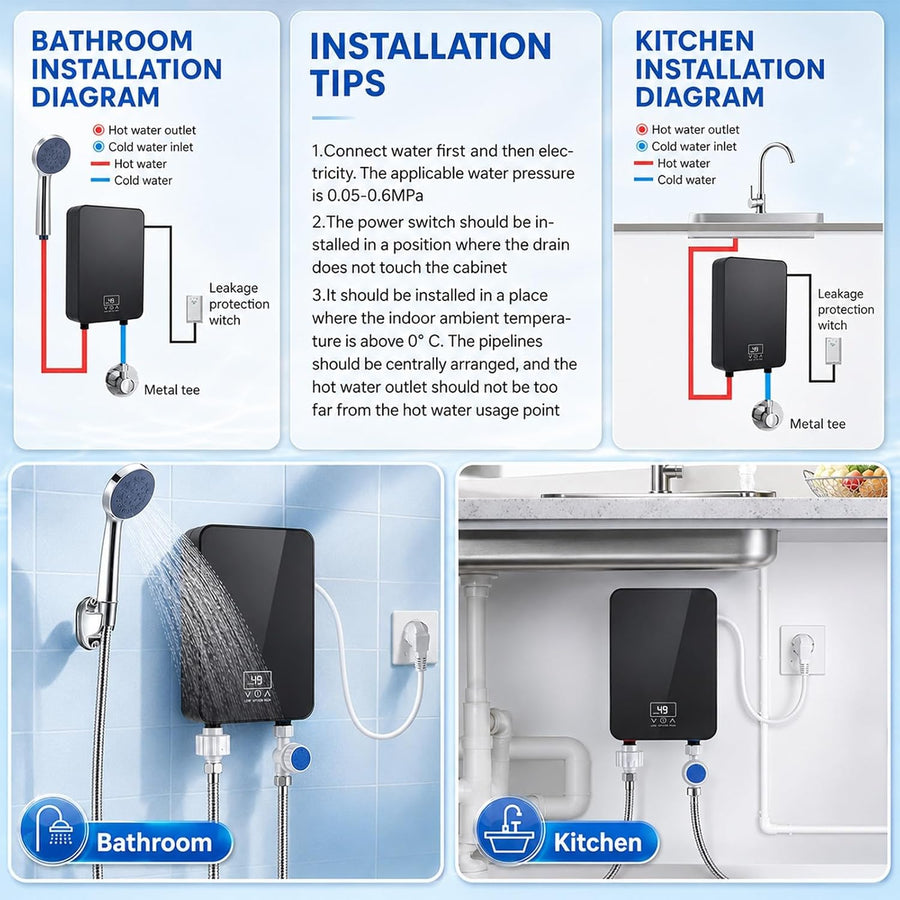 Mini Chauffe Eau Instantané 6000W, Chauffe Eau Électronique avec Écran LED Ballon Sous Évier Compact 230V, Mini Chauffe Eau Électrique Instantané IPX4, pour Cuisine Salle de Bain et Douche