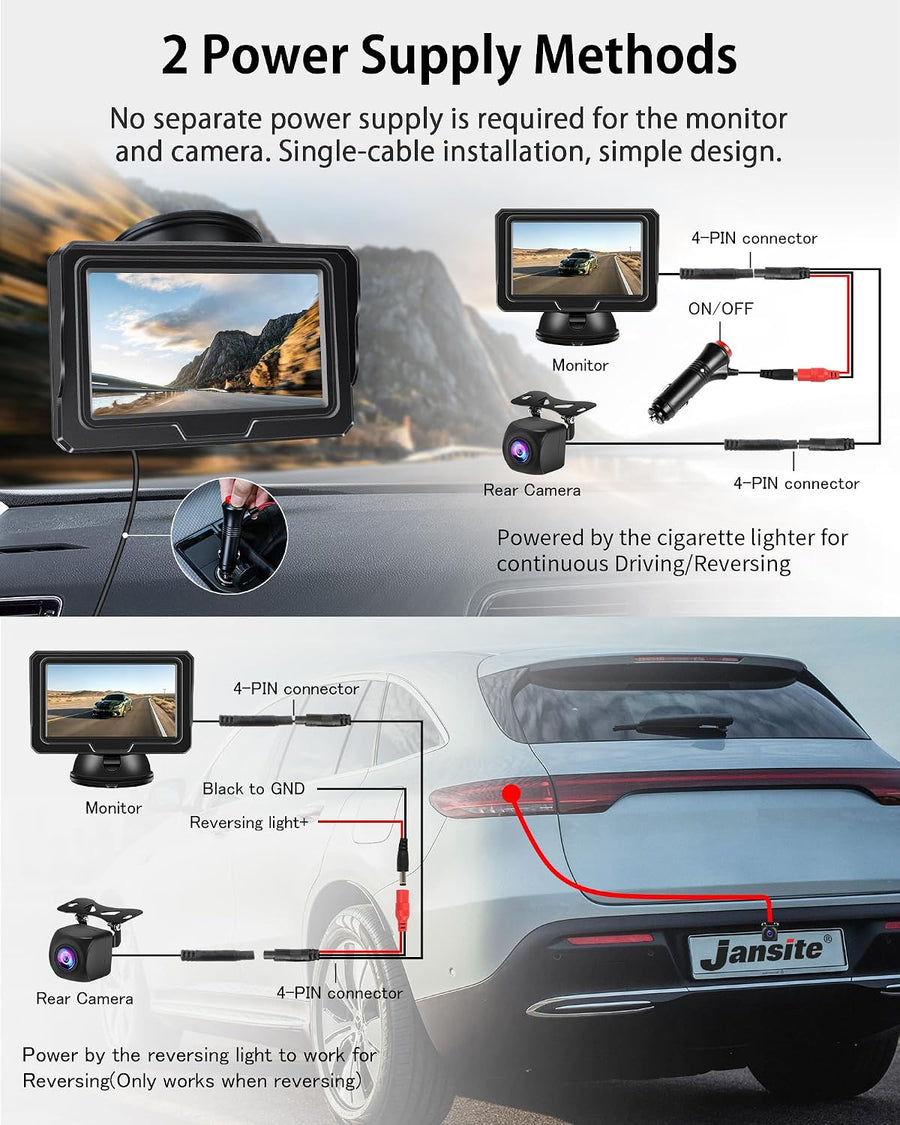 Caméra de Recul 1080P Voiture avec Écran LCD 4,3", Caméra de Recul en Deux Options d'alimentation, Étanche IP68, Vision Nocturne Exceptionnelle, DIY Instructions de Montage, Facile à Installer