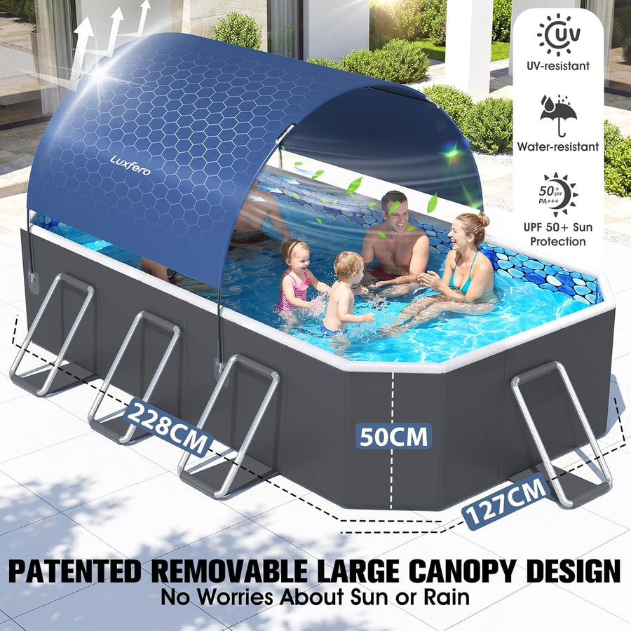 Piscine Rectangulaire Tubulaire avec Auvent, Piscine hors sol Pliable Grande, Metal Frame Piscine Tubulaire Épaissi, Facile à Ranger&Épuisement Piscine pour Jardin et Famille,228 x 127 x 50 cm