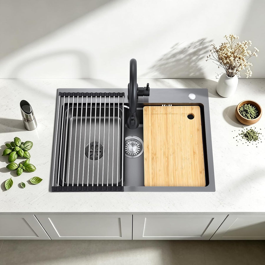 Évier Multifonction Inox Évier 1 Bac Grand Evier de Cuisine 68×48 cm Lavabo Cuisine avec Robinet Coulissant Résistant aux Rayures Vidange Rapide Avec Accessoires et Kit de tri des Déchets