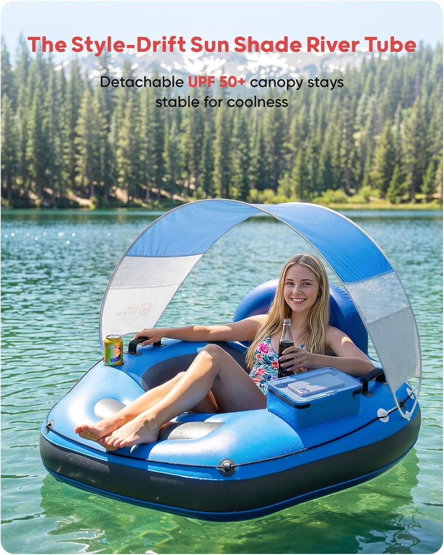 Tube de rivière gonflable de 116,8 cm avec auvent pare-soleil amovible, tube flottant robuste pour adultes, repose-jambes et dossier ergonomiques, sac imperméable et porte-gobelets BLEU