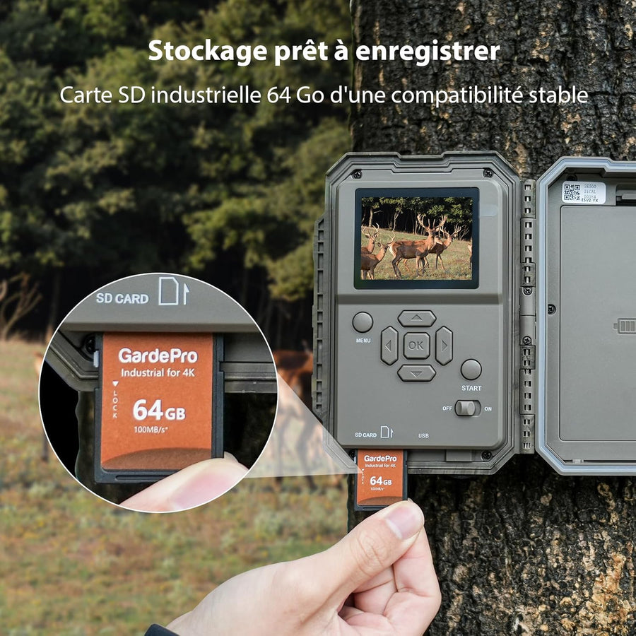 GardePro E5 2.0 Pro 4K Camera de Chasse, Carte SD de 64 Go, 64MP Caméra de Chasse, Camera Vision Nocturne Animaux Exterieur, Piege Photographique, Camera Detecteur de Mouvement