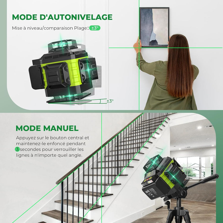 Niveau Laser Chantier Autonivelant 360° x 4, Lazer Niveaux 4D 16 Lignes Laser, Autonivellement et Mode Pulsé Extérieur, 2 x Batterie, Nivellement Automatique, Support Rotatif, Télécommande