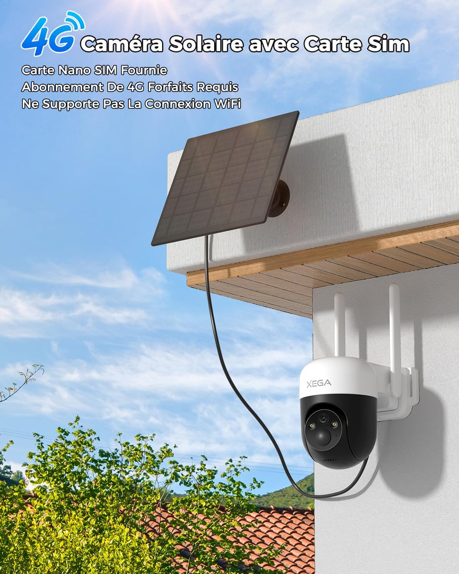 Caméra Solaire Extérieure 4G avec Carte SIM sans WiFi Autonome 2K, Batterie Intégrée, Détection de Mouvement Personnalisée, Projecteur & Sirène, Alerte APP Instantanée, Abonnement Requis