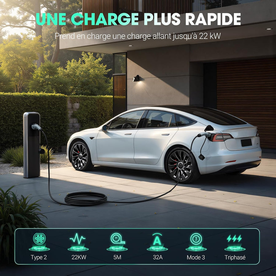Câble de Charge Type 2, 22KW 5M 32A Voiture Électrique Triphasé Type 2 à Type 2 EV/PHEV
