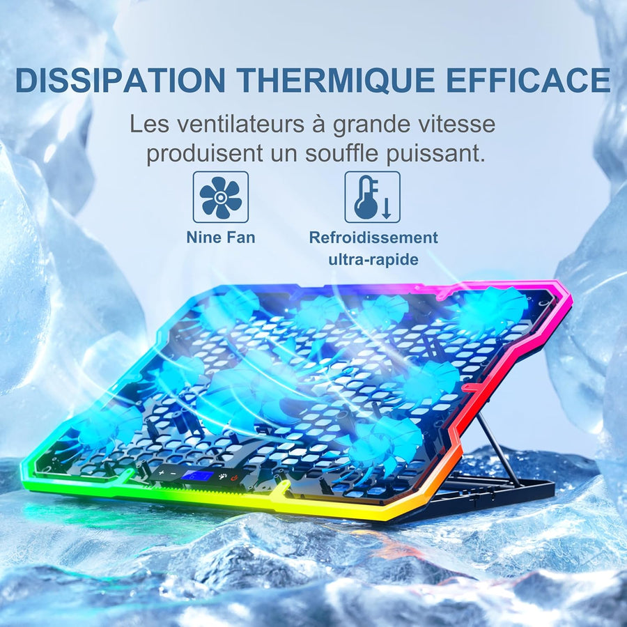 Support Refroidisseur pour Ordinateur Portable avec 9 Ventilateurs Silencieux Compatible 14-19 Pouces, 6 Vitesses Réglables, 10 Modes D'éclairage RVB, 2 Ports USB Et Support pour Téléphone
