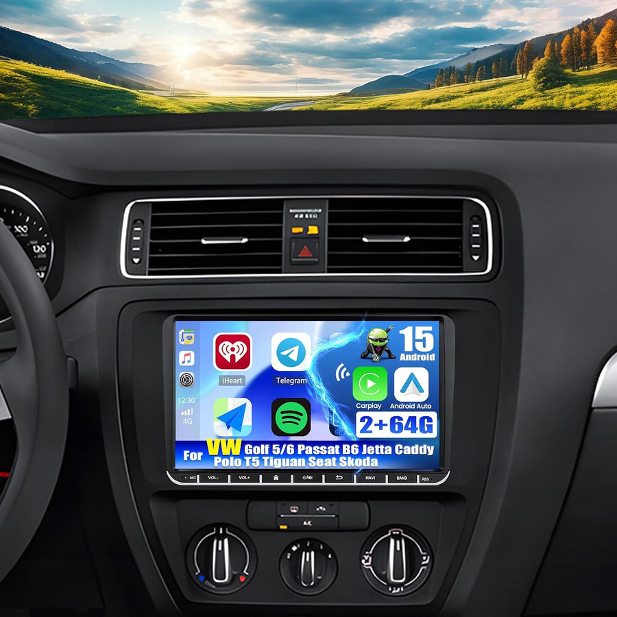 Autoradio Android 2+64G avec Écran pour VW Passat B6 B7 2005-2014 CarPlay Sans Fil Android Auto, 2Go+64Go, 9" IPS Tactile, GPS Navigation, Écran Partagé, CANBUS, Caméra AHD Incluse