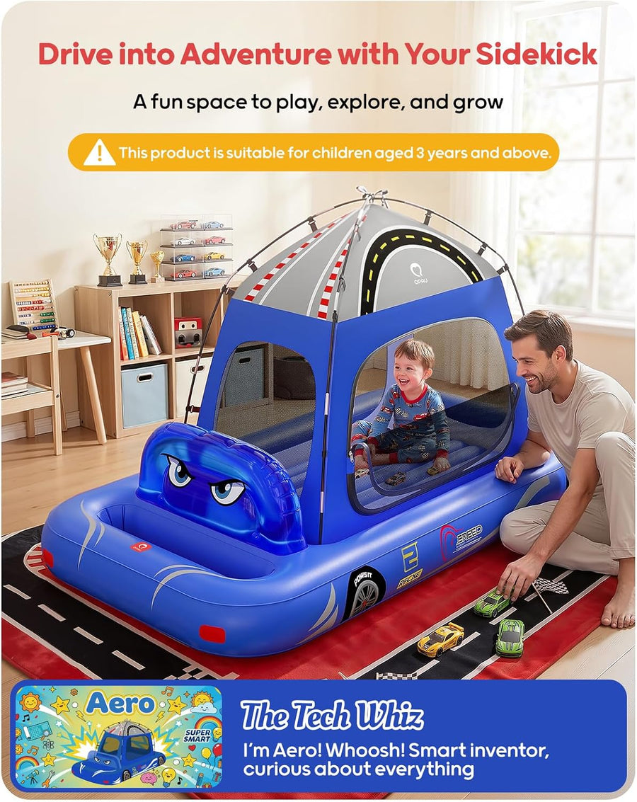 Matelas gonflable pour enfants, motif tente de voiture de course, à partir de 3 ans, BLEU