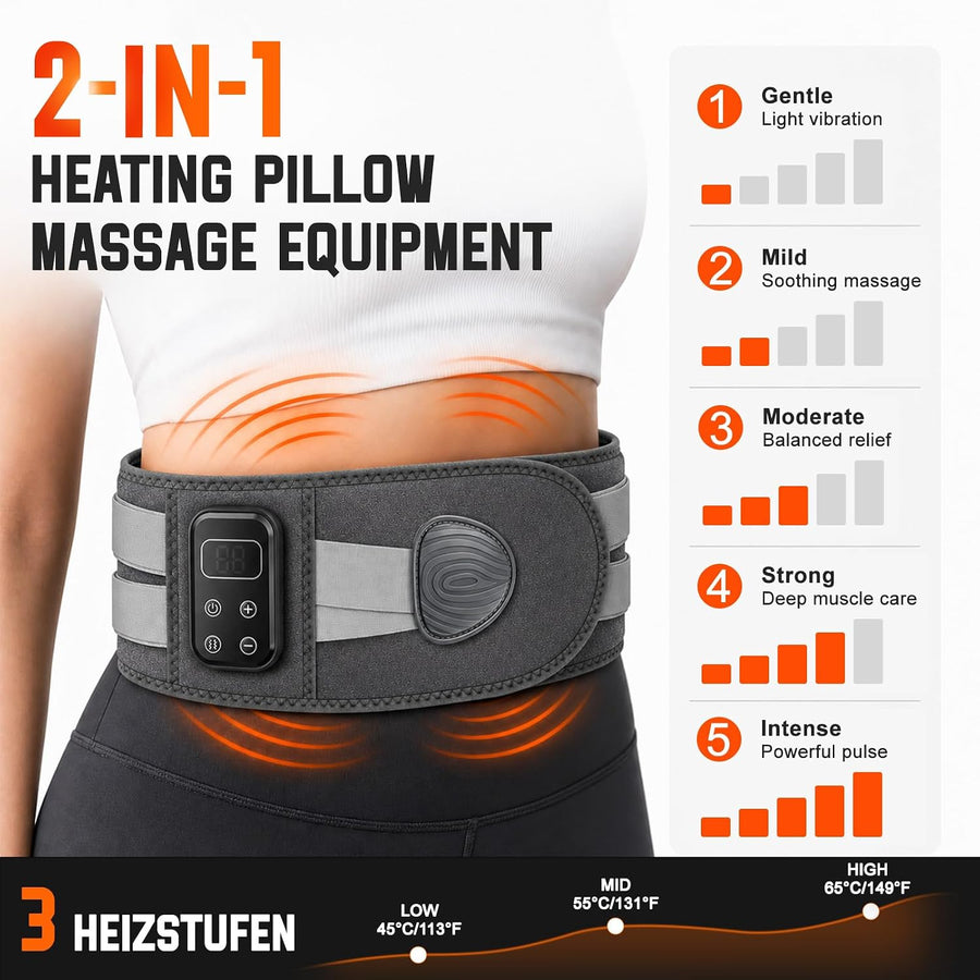 Ceinture chauffante pour le dos, coussin chauffant, masseur sans fil avec 5 modes de massage et 5 niveaux de chaleur, batterie 2000 mAh, arrêt automatique, pour soulager les maux de dos