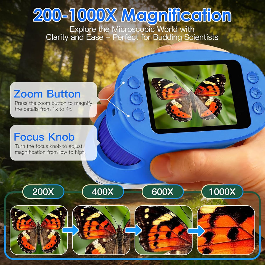 Microscope Enfant Portable 1000X – Microscope Numérique avec Écran IPS 2 Pouces et 8 LED, Fonction Photo & Vidéo, Jouet Scientifique BLEU