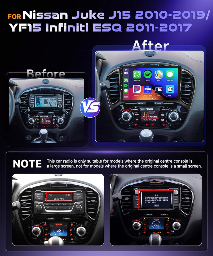 Autoradio 9" 4G+64G Bluetooth pour Nissan Juke J15 2010-2019/ YF15 Infiniti ESQ 2011-2017 Vito Viano Sprinter,Carplay Android Auto,DSP,EQ,1280 x 720,WiFi GPS,RDS/FM,caméra de recul AHD