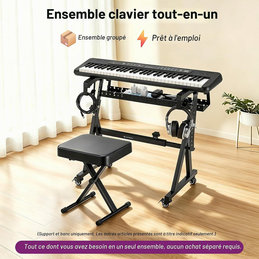 Support Clavier en Z avec Banc, Support Piano Numérique Réglable, panier de rangement intégré, très stable, roulettes verrouillables, montage facile