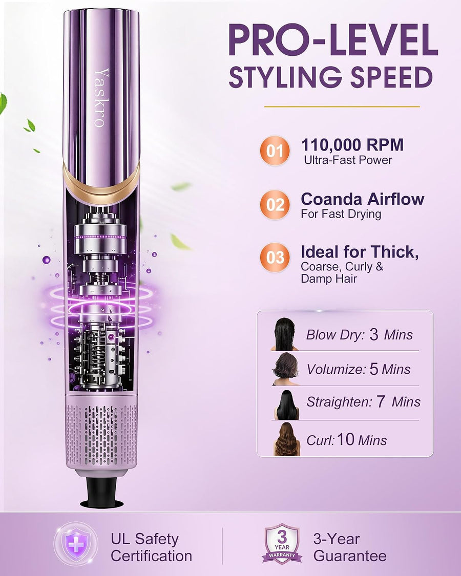 Brosse soufflante 6-en-1 & sèche-cheveux ionique, moteur haute vitesse 110 000 tr/min avec boucleurs automatiques, embouts amovibles et poignée rotative 90° pour sécher, boucler, lisser et volumiser