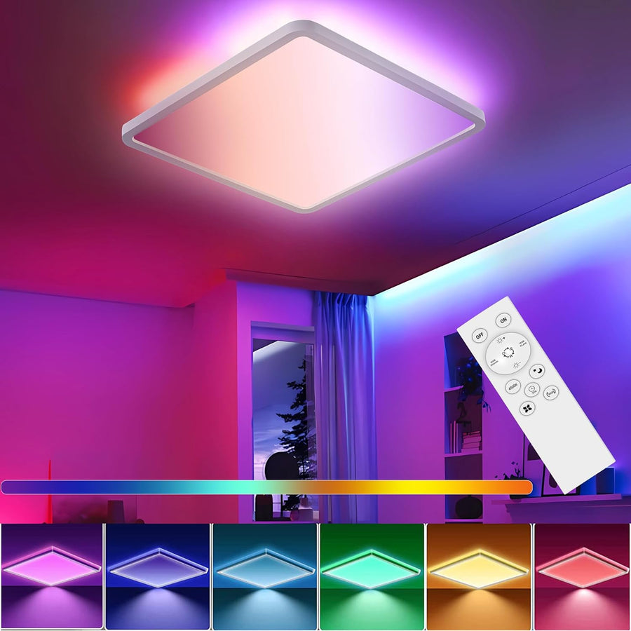 Plafonnier LED, intensité variable avec télécommande, 24 W, RGB, 4 000 K, design carré moderne pour salon, chambre, chambre d'enfant, salle de bain, 29 x 2,5 cm