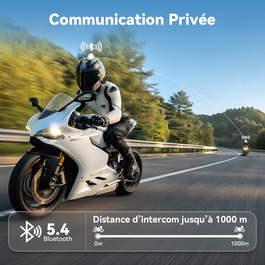 N2 Intercom Moto Bluetooth, 2 Motards 1000m Système de Communication | Kit Main Libre Moto Bluetooth 5.4, Multitâche Audio, Réduction de Bruit DSP/CVC, Partage de Musique, Batterie 1000mAh, IP67