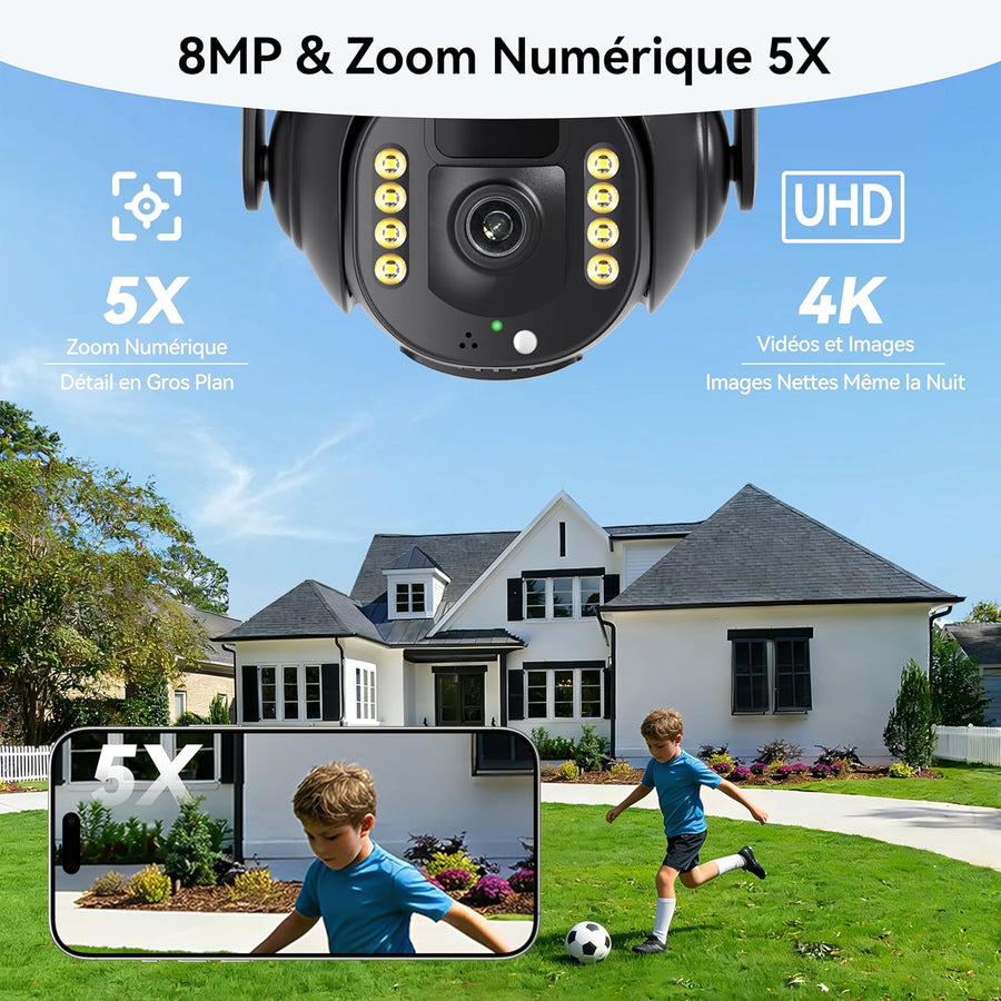 Caméra de Surveillance 4K - PTZ 360° Extérieure Étanche avec Zoom 5X, Caméra Solaire 4G/5G LTE pour Sécurité Domestique, Inclus Carte SIM 300Mo et Carte SD 64Go (8MP)