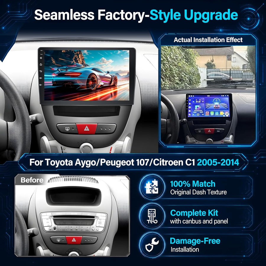 Autoradio pour Toyota Aygo/Peugeot 107/Citroen C1 Année 2005-2014, 2GB+64GB 10,1 Pouces Écran avec Kit Façade & Canbus, Supporte CarPlay Android Auto sans Fil, Caméra de Recul, SWC