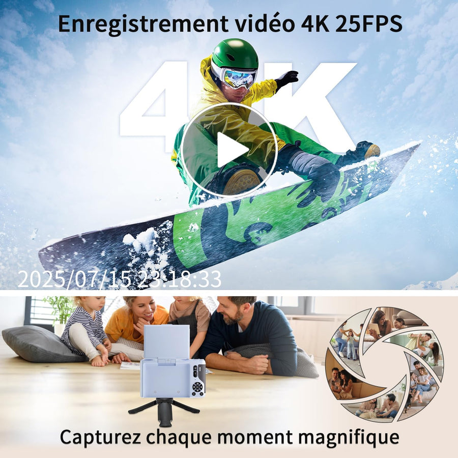 Appareil Photo Numérique 4K Compact 2,8" Écran Pivotant 180° Bleu Zoom 16X, batterie 1500mAh, Camera Vlog, Carte TF incluse