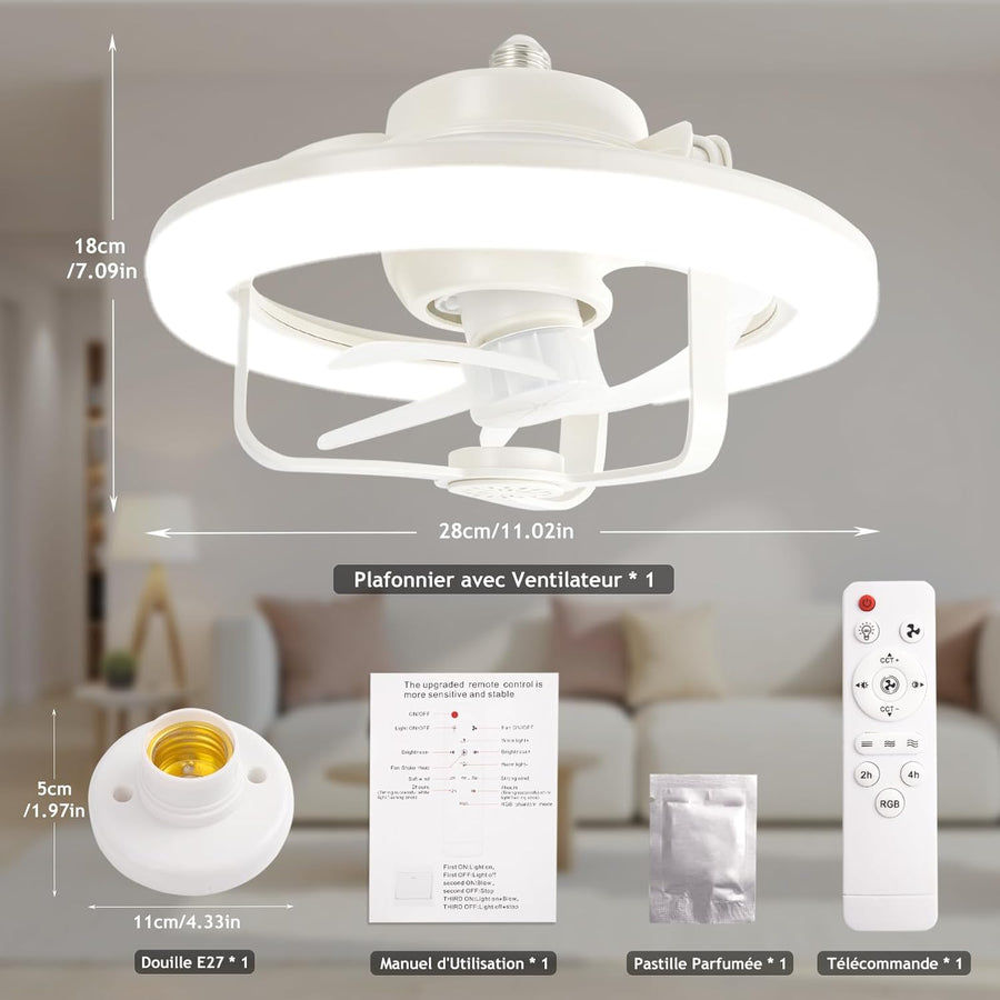 Ventilateur de Plafond avec Lumière et Telecommande, RGB 16 Couleurs Lampe Ventilateurs Plafond avec Douille E27, 28CM Petit Silencieux Plafonnier Ventilateur LED pour Chambre, 3 Vitesses