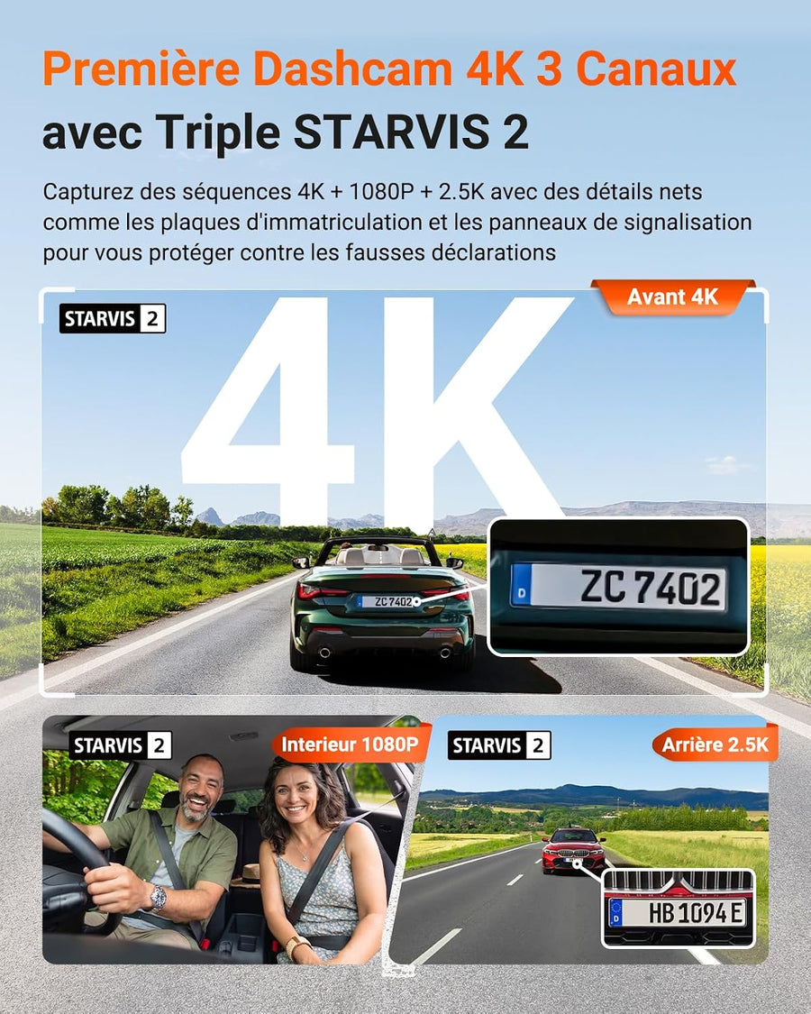 VANTRUE N4 Pro S Dashcam Voiture 3 Canaux 4K+1080P+1440P Avant Int Arrière STARVIS2, HDR, Vue 360°, Vision nocturne IR, WiFi 5GHz GPS, Mode Parking 24h, Commande vocale FR, Carte MAX 1To, N4PSRC18