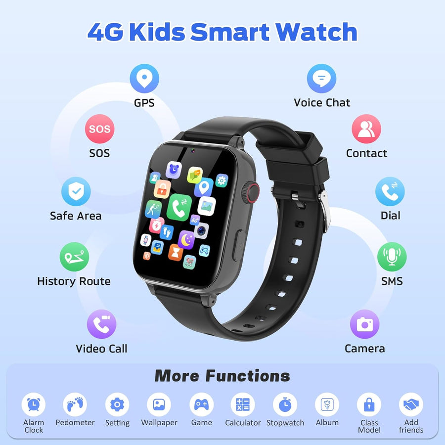 Montre Connectée Enfant GPS 4G, Montre Intelligente Pour Enfants Fille Garçon avec Appels/Vidéo/Voix Chat, SOS, WiFi, Mode École, Réveil, Podomètre, Jeux, Montre Telephone Enfant